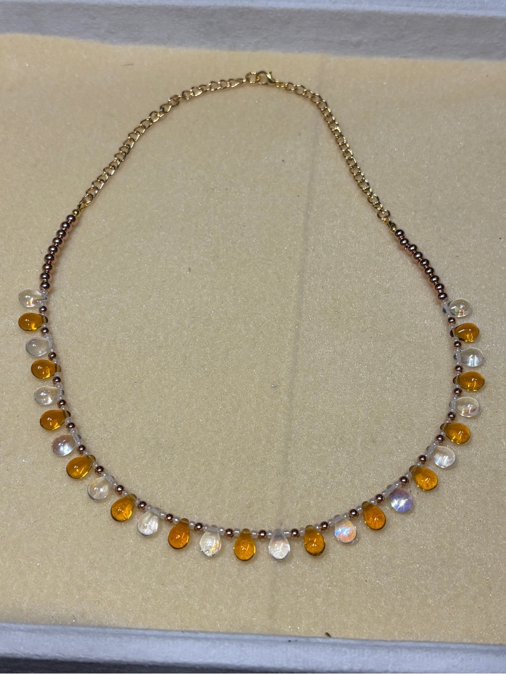 Necklace with Amber and Clear Teardrop Beads